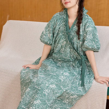 Ownkoti Vintage Green Ruffled Side-tie Nightgown - image 4