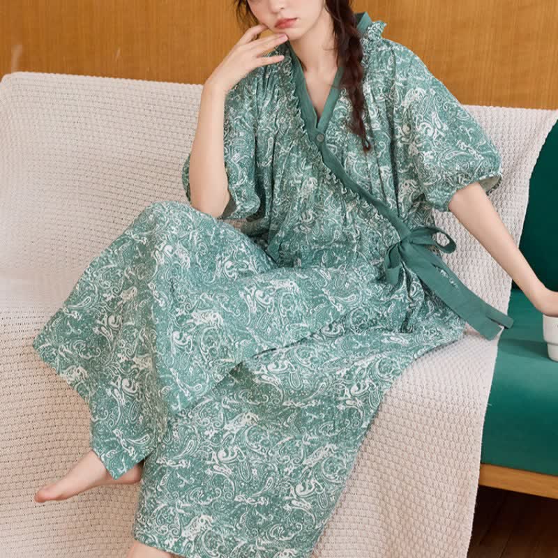 Ownkoti Vintage Green Ruffled Side-tie Nightgown - image 3