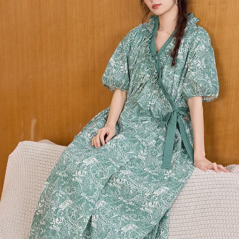 Ownkoti Vintage Green Ruffled Side-tie Nightgown - image 5