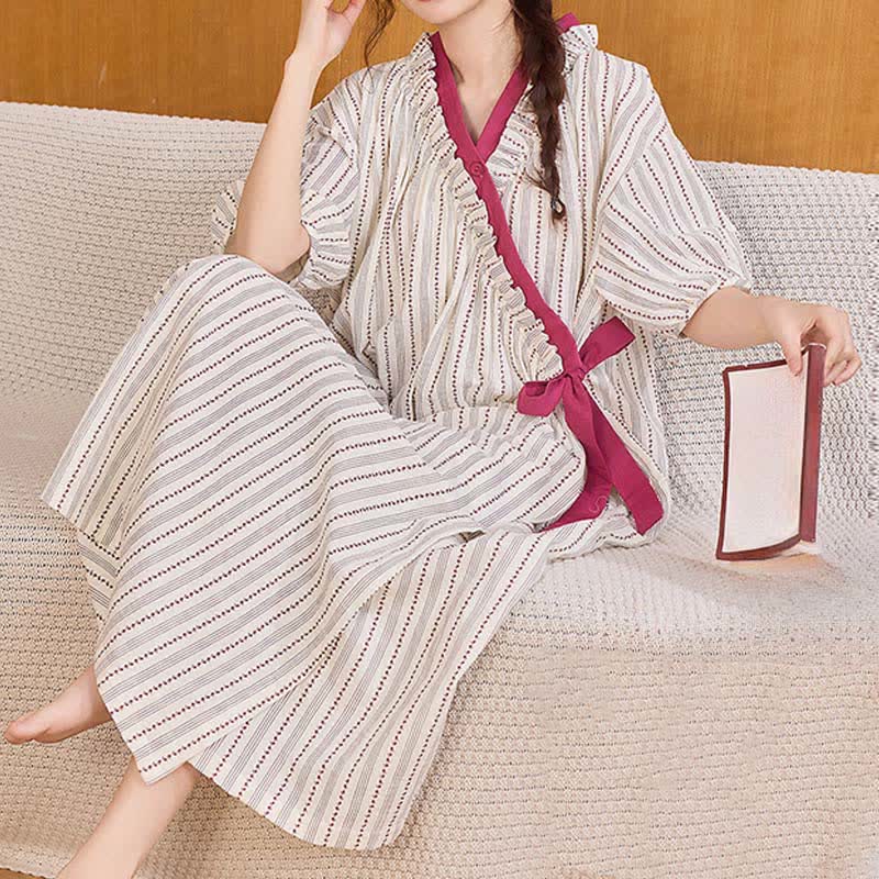 Ownkoti Polka Dot Striped Ruffled Side-tie Nightgown - image 4
