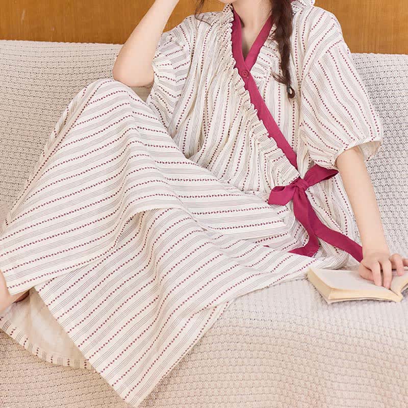 Ownkoti Polka Dot Striped Ruffled Side-tie Nightgown - image 3
