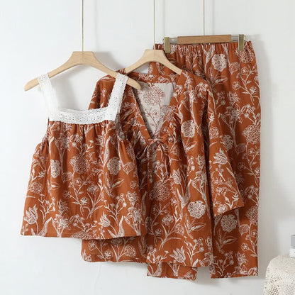 Ownkoti Floral Pure Cotton 3-Piece Pajama Set - Orange - L - image 0