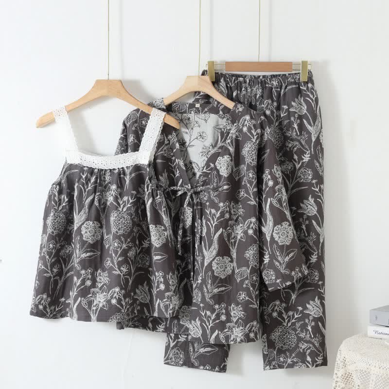 Ownkoti Floral Pure Cotton 3-Piece Pajama Set - Dark Grey - L - image 12