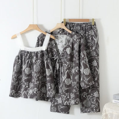 Ownkoti Floral Pure Cotton 3-Piece Pajama Set - Dark Grey - L - image 12