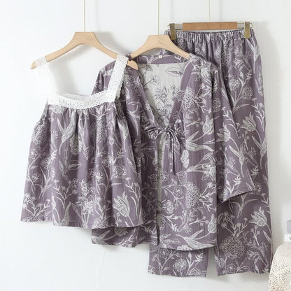 Ownkoti Floral Pure Cotton 3-Piece Pajama Set - Purple - L - image 13