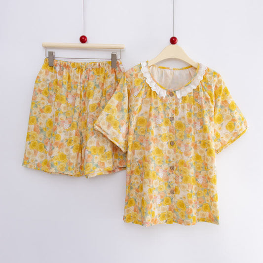Ownkoti Cottagecore Floral Bunny Cotton Sleepwear Set - Yellow - Top & Shorts - XL - image 0