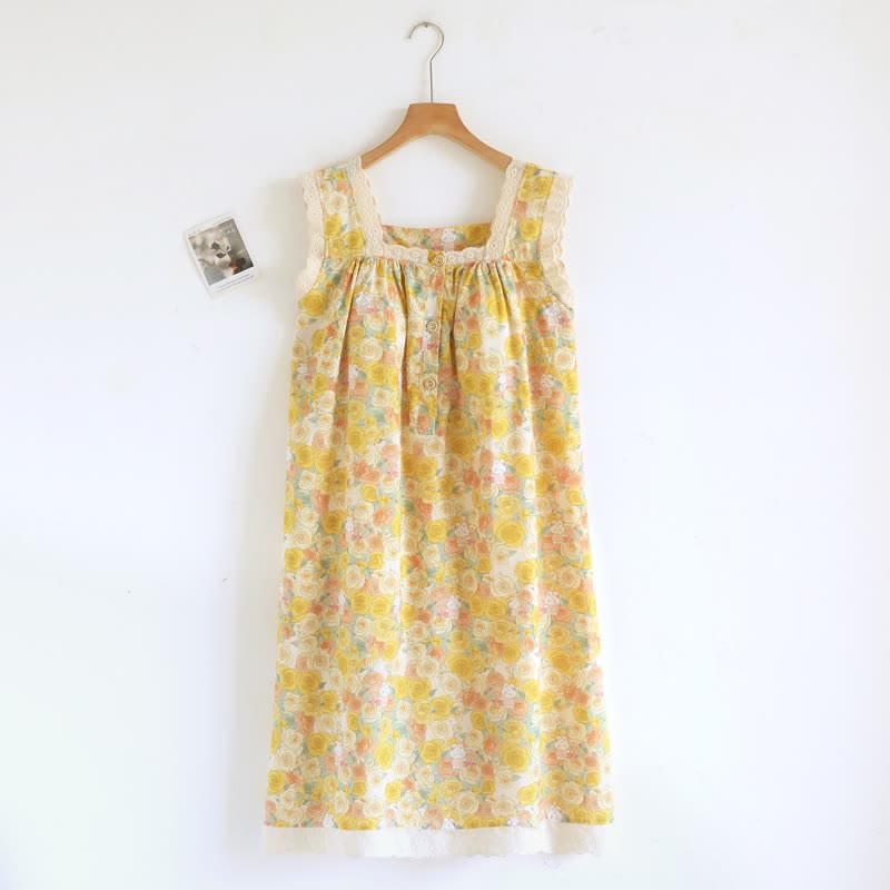 Ownkoti Yellow Floral Lace Trim Cotton Nightgown - Yellow - XL - image 0