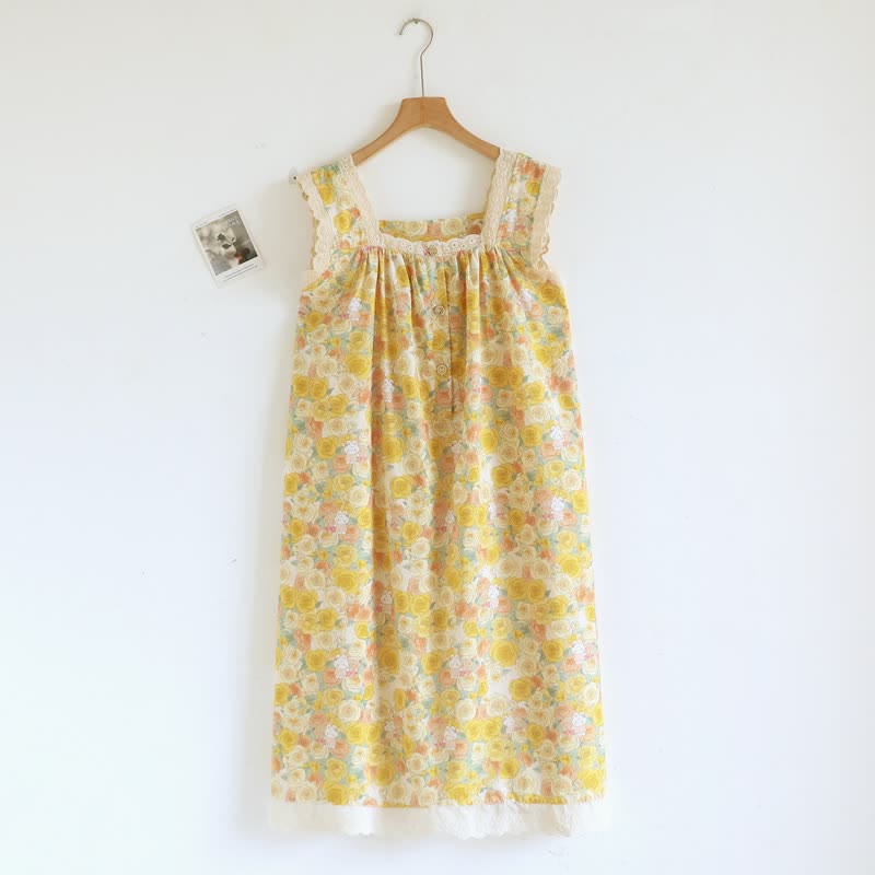 Ownkoti Yellow Floral Lace Trim Cotton Nightgown - image 2