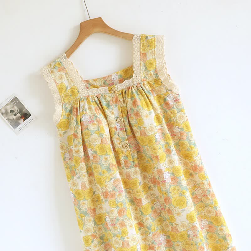 Ownkoti Yellow Floral Lace Trim Cotton Nightgown - image 1