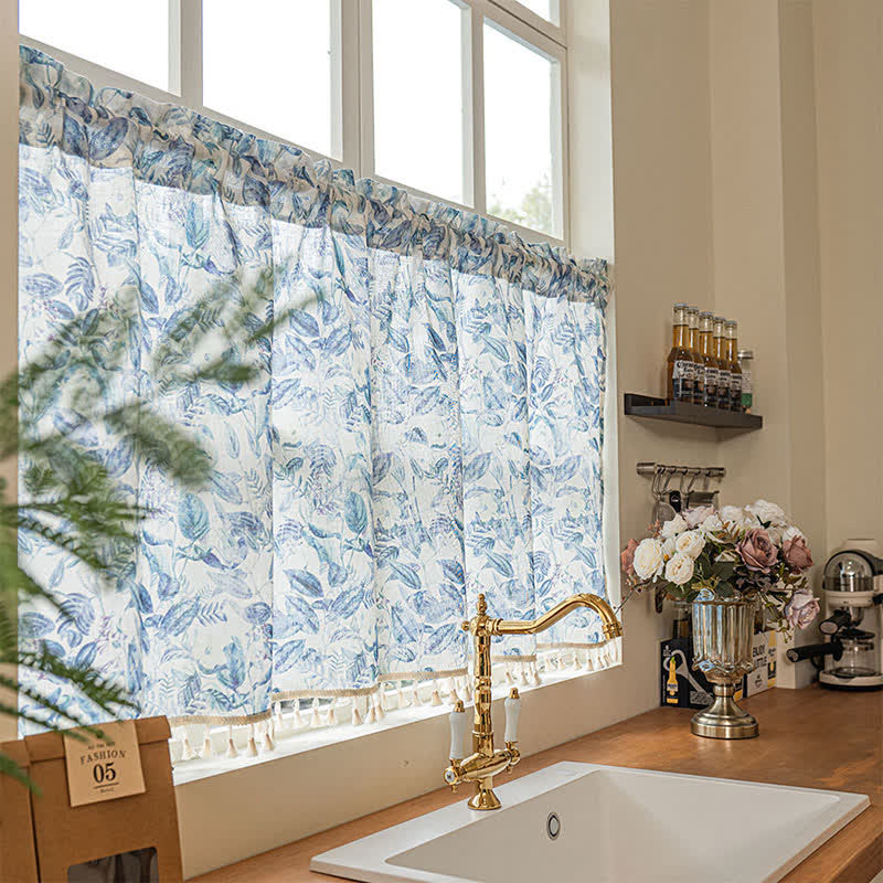 Ownkoti Botanical Linen Kitchen Curtain with Tassels - image 1