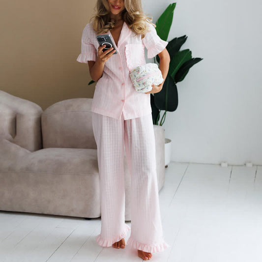 Ownkoti Pink Cotton Ruffle Women's Loungewear Set - Pink - L - image 0