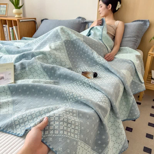 Ownkoti Geometric Patchwork Cotton Triple Gauze Quilt - Blue - Queen - image 0