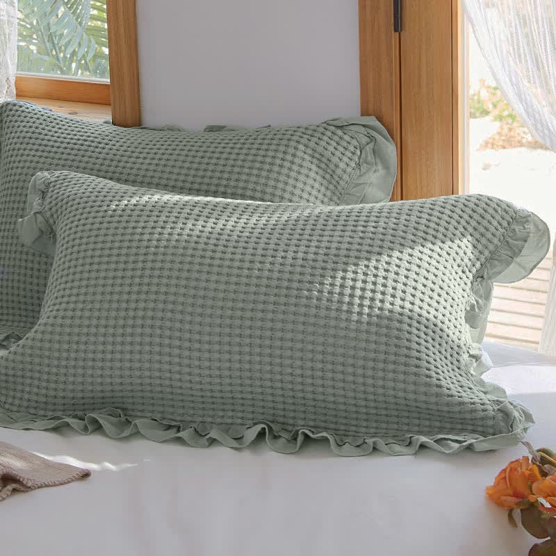 Ownkoti Waffle Weave Cotton Pillowcases with Ruffle (2PCS) - Gray Green - 50cm x 75cm - image 11