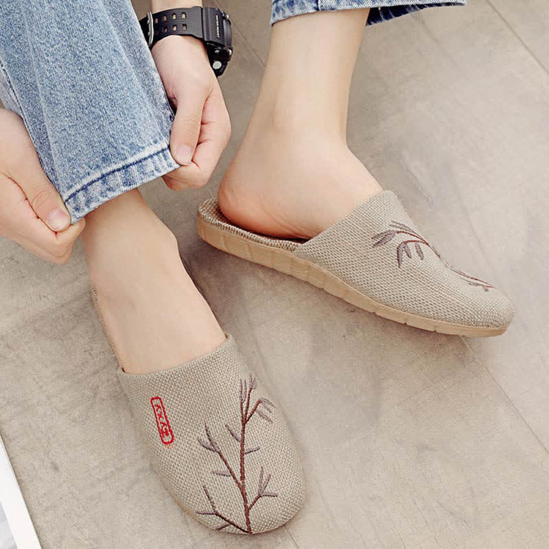 Ownkoti Embroidered Plum Bossom Comfy Flax Slippers - Coffee Bamboo - 3XL - image 13