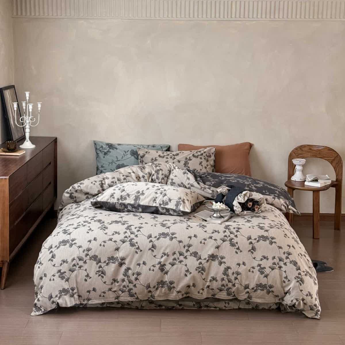 Ownkoti Vintage Ginkgo Leaf Pure Cotton Bedding(4PCS) - Gray - King - image 5