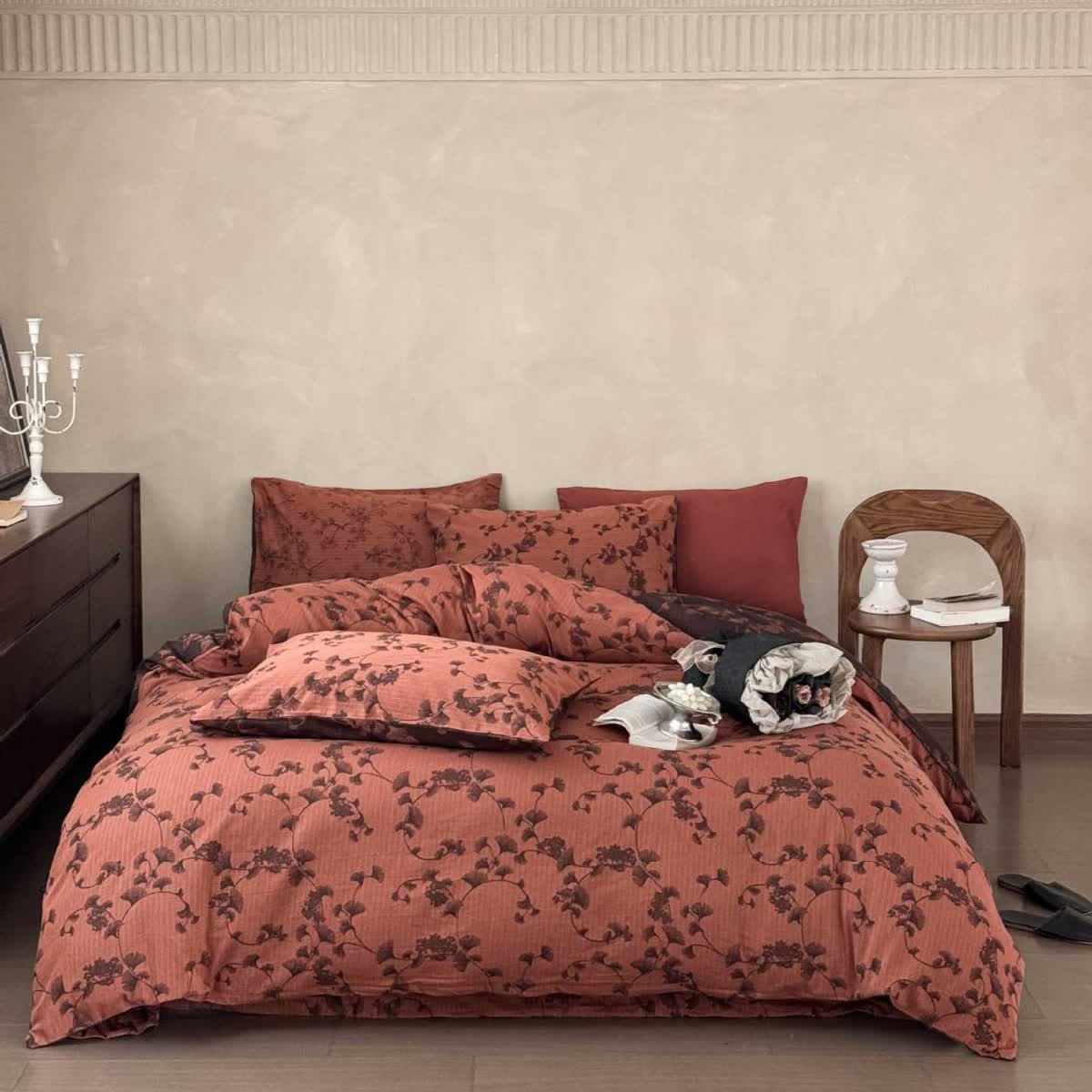 Ownkoti Vintage Ginkgo Leaf Pure Cotton Bedding(4PCS) - Orange - King - image 10
