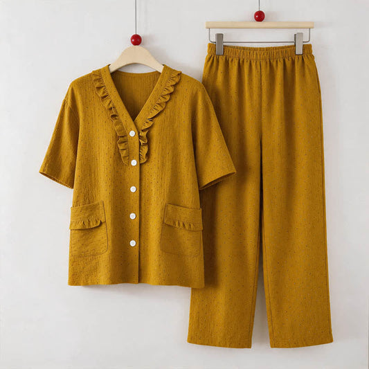 Ownkoti Mustard Cotton Ruffle Loungewear Set - Yellow - 5XL - image 0