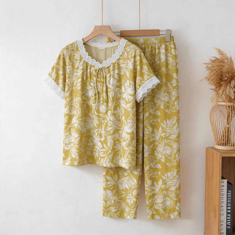 Ownkoti Botanical Cotton Lace Trim Loungewear Set - Yellow - 3XL - image 0