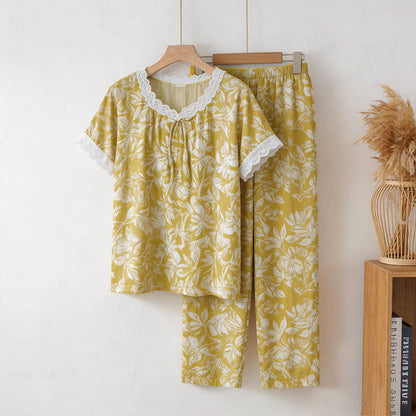 Ownkoti Botanical Cotton Lace Trim Loungewear Set - Yellow - 3XL - image 0