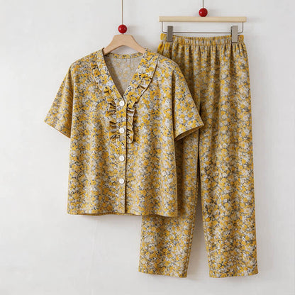 Ownkoti Yellow Floral Cotton Ruffle Loungewear Set - Yellow - 5XL - image 0