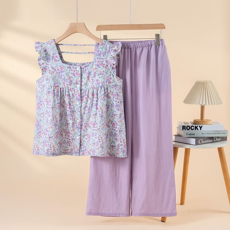 Ownkoti Floral Cotton Gauze Ruffle Loungewear Set - Purple - XL - image 0