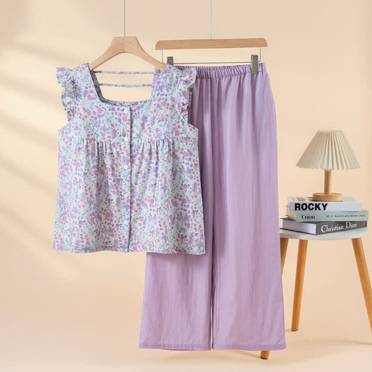 Ownkoti Floral Cotton Gauze Ruffle Loungewear Set - Purple - XL - image 0