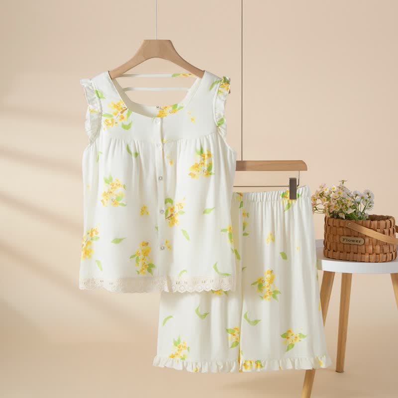 Ownkoti Osmanthus Ruffle Lace Sleeveless Loungewear Set - White - XL - image 0