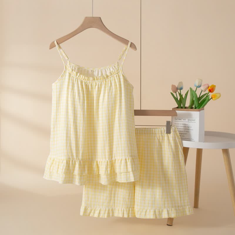 Ownkoti Soft Gingham Cotton Ruffle Loungewear Set - Yellow - XL - image 9