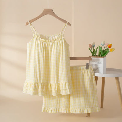 Ownkoti Soft Gingham Cotton Ruffle Loungewear Set - Yellow - XL - image 9