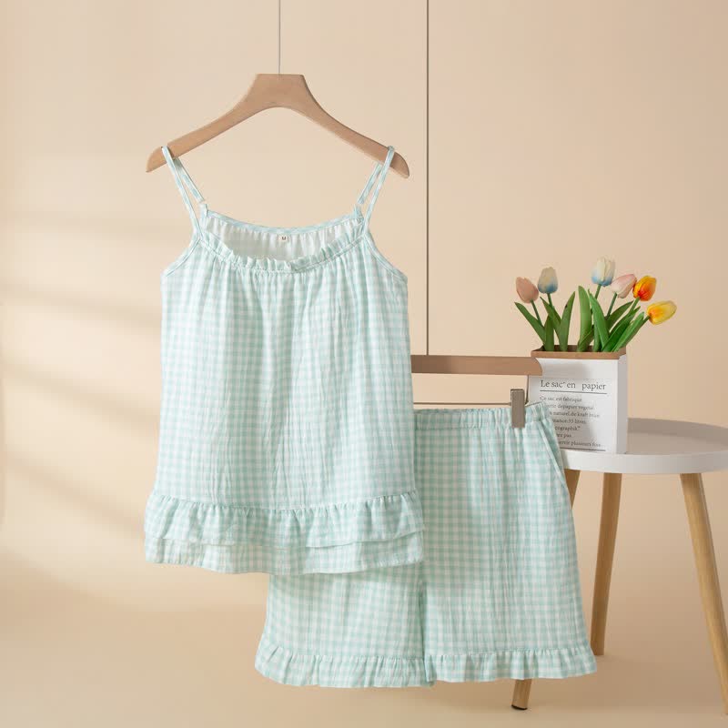 Ownkoti Soft Gingham Cotton Ruffle Loungewear Set - Green - XL - image 7