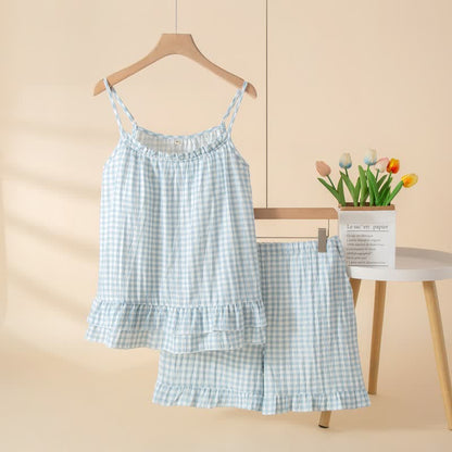 Ownkoti Soft Gingham Cotton Ruffle Loungewear Set - Blue - XL - image 6