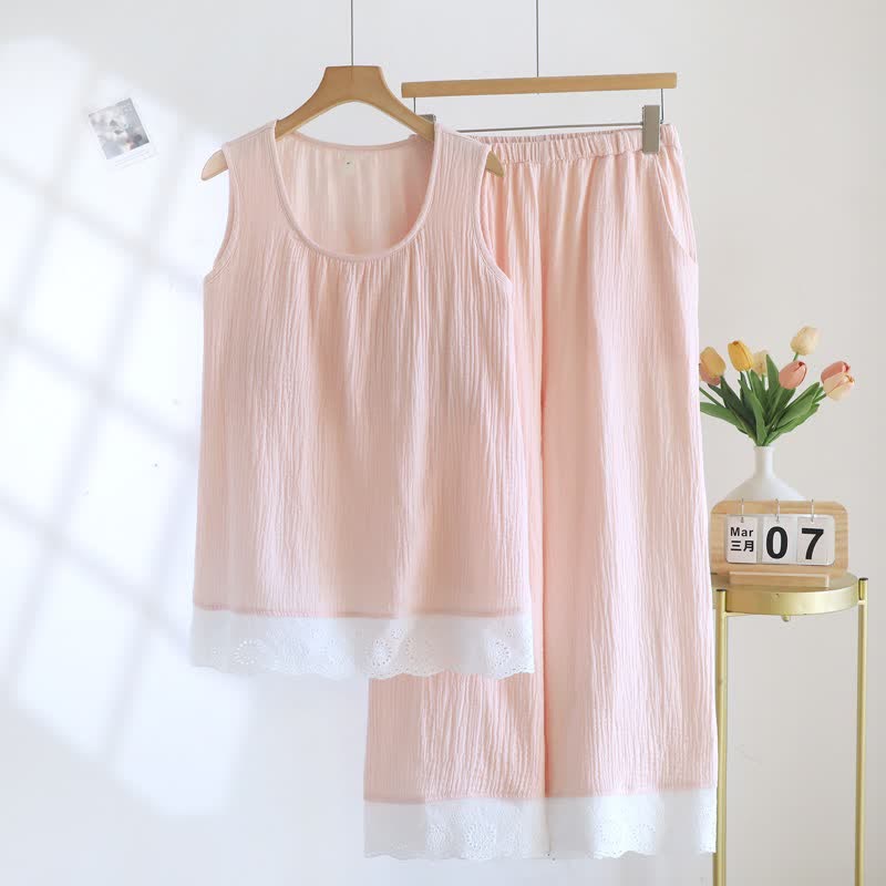 Ownkoti Solid Cotton Gauze Lace Loungewear Set - Pink - XXL - image 2