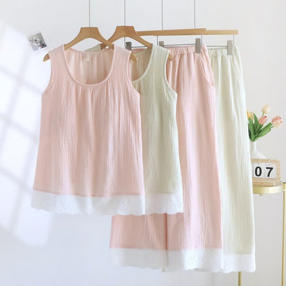 Ownkoti Solid Cotton Gauze Lace Loungewear Set - image 0
