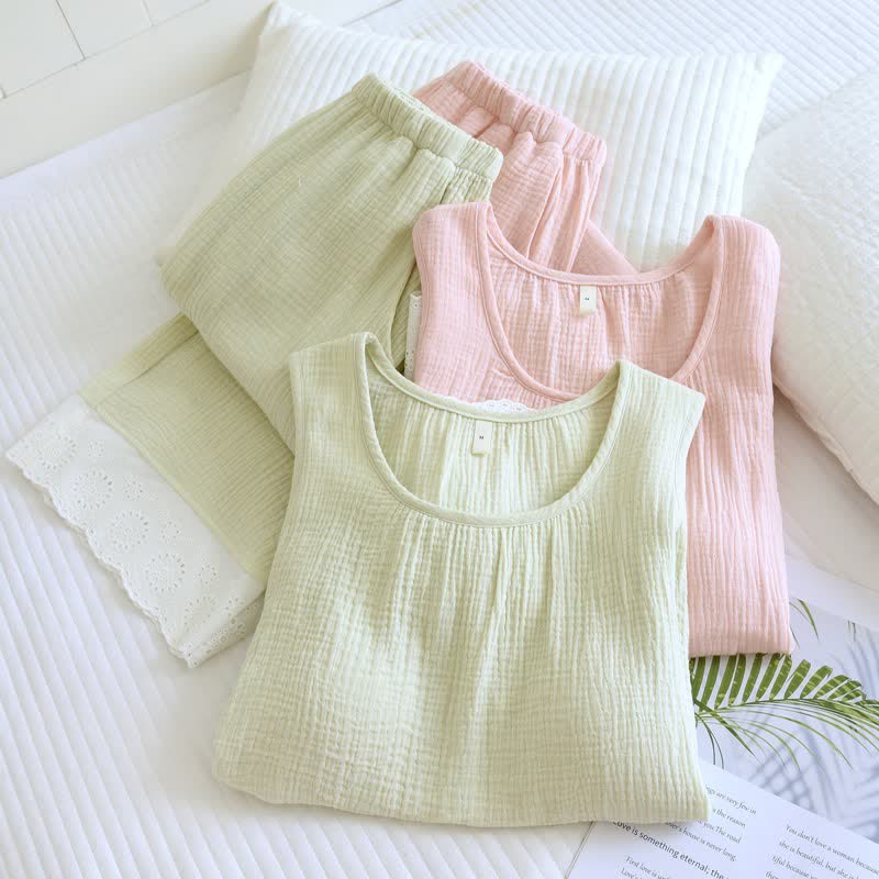Ownkoti Solid Cotton Gauze Lace Loungewear Set - image 1