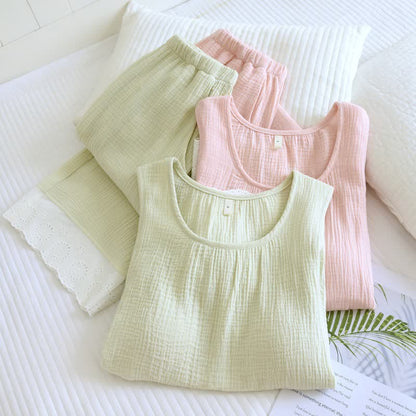 Ownkoti Solid Cotton Gauze Lace Loungewear Set - image 1