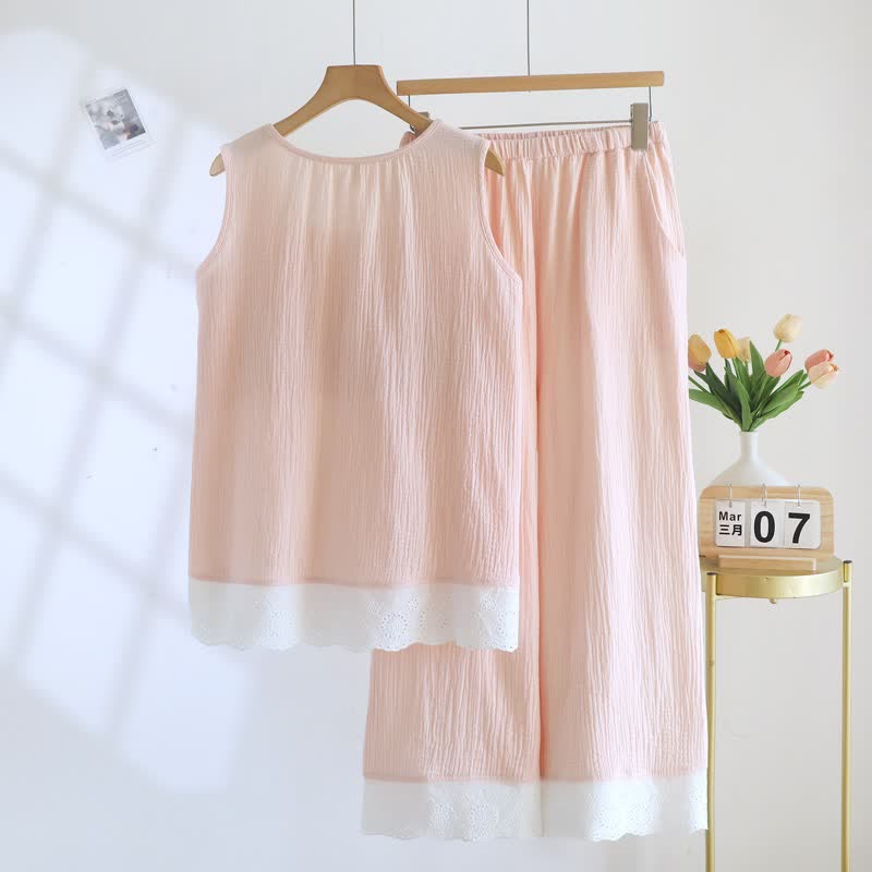 Ownkoti Solid Cotton Gauze Lace Loungewear Set - image 3