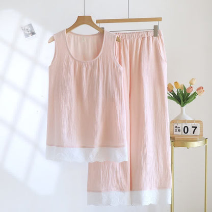 Ownkoti Solid Cotton Gauze Lace Loungewear Set - Pink - XXL - image 2