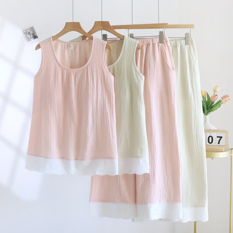 Ownkoti Solid Cotton Gauze Lace Loungewear Set - image 0