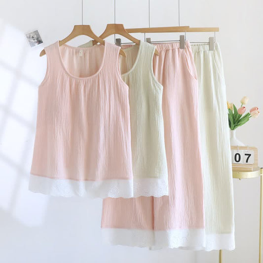 Ownkoti Solid Cotton Gauze Lace Loungewear Set - image 0