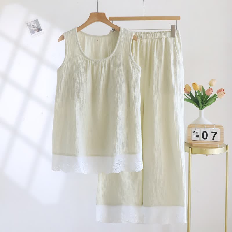 Ownkoti Solid Cotton Gauze Lace Loungewear Set - Green - XXL - image 14