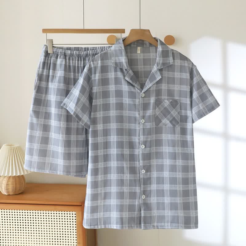 Ownkoti Short-Sleeve Cotton Plaid Sleepwear Set - Gray - XXL - image 14