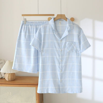 Ownkoti Short-Sleeve Cotton Plaid Sleepwear Set - Blue & White - XXL - image 2