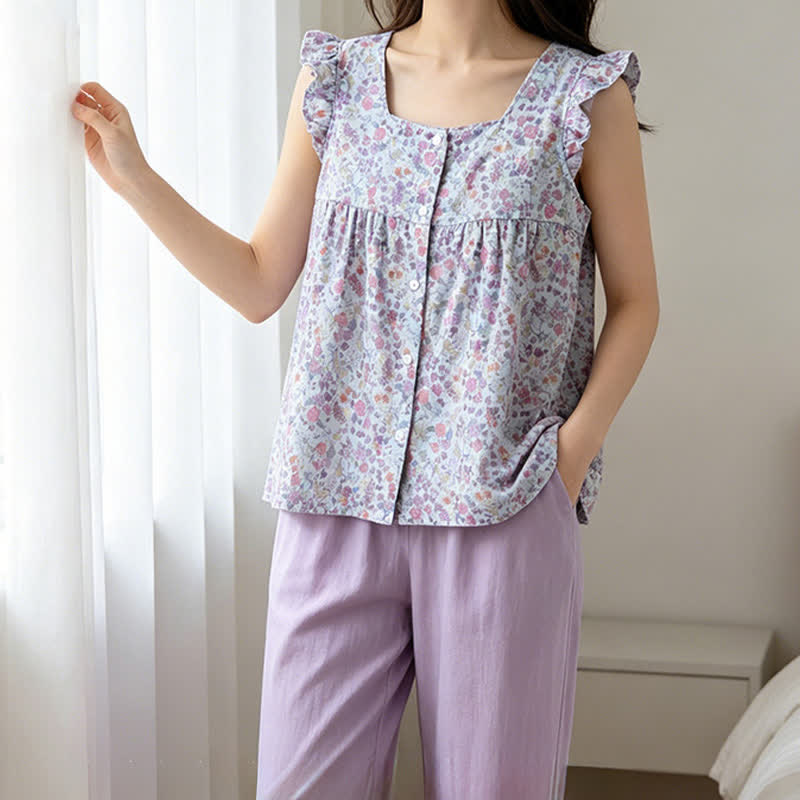 Ownkoti Floral Cotton Gauze Ruffle Loungewear Set - image 1