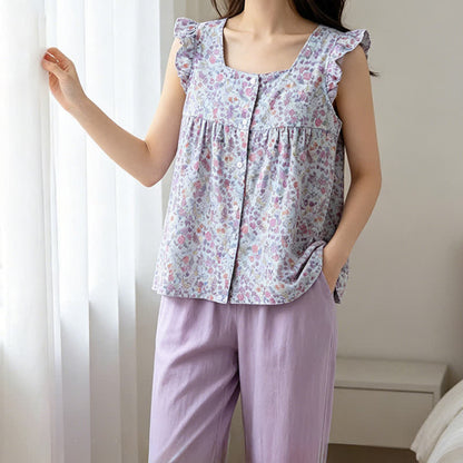 Ownkoti Floral Cotton Gauze Ruffle Loungewear Set - image 1