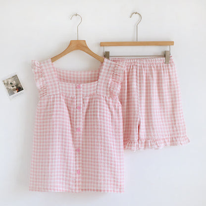 Ownkoti Ruffle Sleeve Gingham Cotton Pajama Set - Pink - XL - image 17
