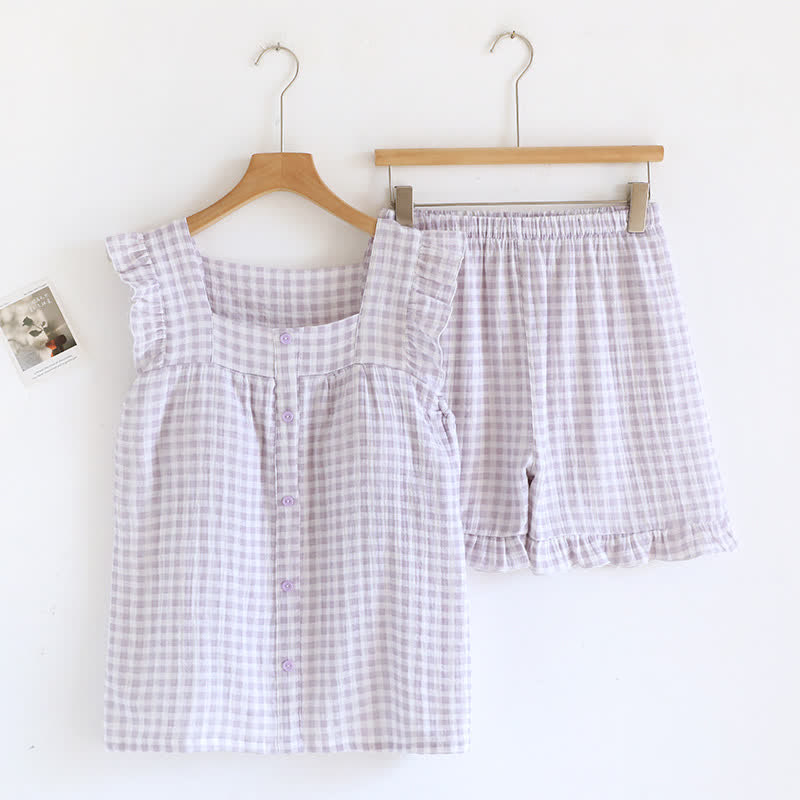 Ownkoti Ruffle Sleeve Gingham Cotton Pajama Set - Purple - XL - image 4
