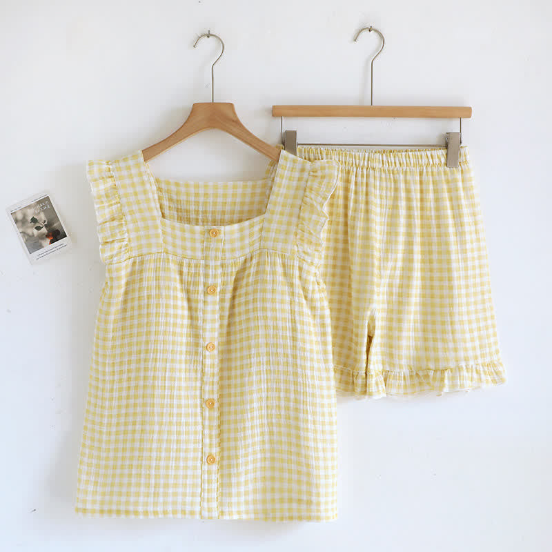 Ownkoti Ruffle Sleeve Gingham Cotton Pajama Set - Yellow - XL - image 2