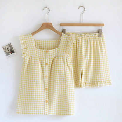 Ownkoti Ruffle Sleeve Gingham Cotton Pajama Set - Yellow - XL - image 2