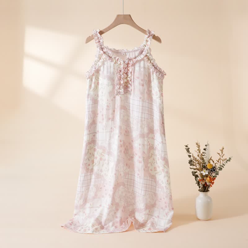 Ownkoti Ruffle Neck Floral Bamboo Cotton Nightgown - Pink - XL - image 0