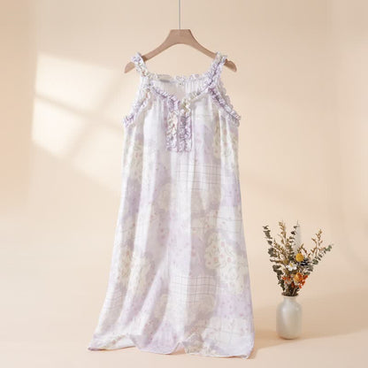 Ownkoti Ruffle Neck Floral Bamboo Cotton Nightgown - Purple - XL - image 4
